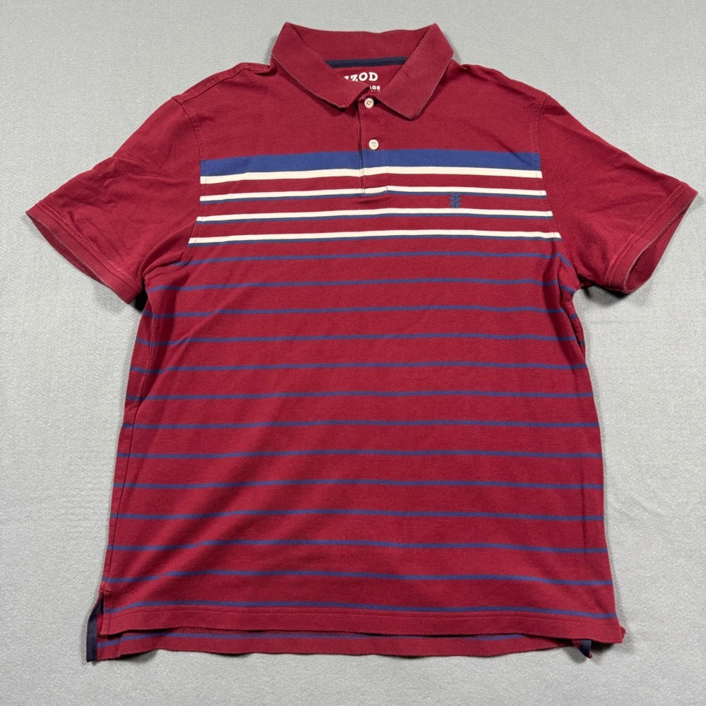 IZOD Advantage Performance Polo‎ Shirt Mens XL Burgundy Blue Striped Stretch